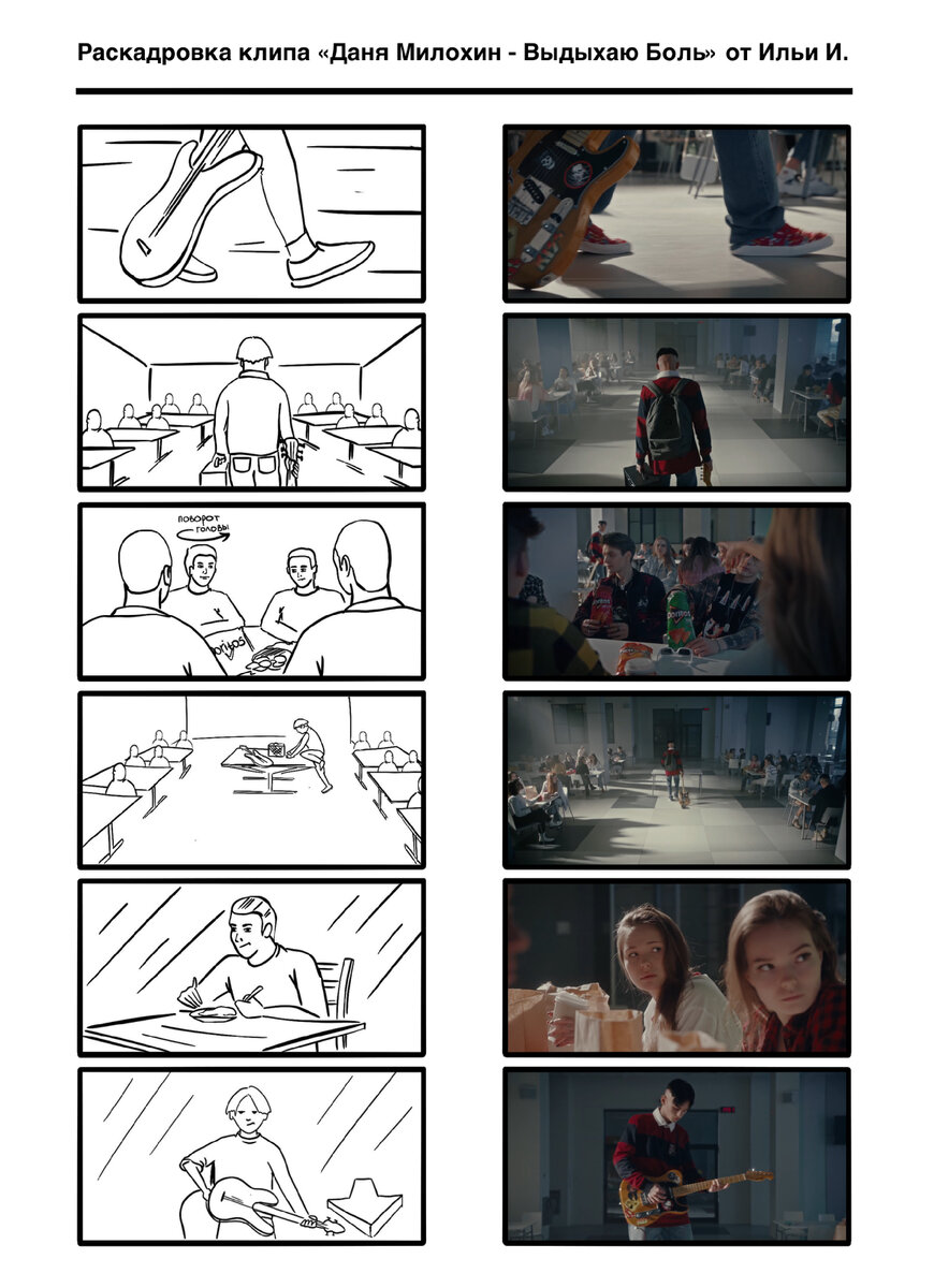 Раскадровка к музыкальному клипу «ВЫДЫХАЮ БОЛЬ» артиста Дани Милохина 