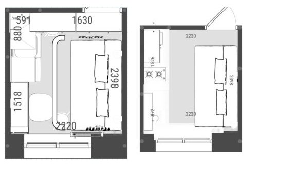 Слева вариант плита газовая в углу, справа — посередине.