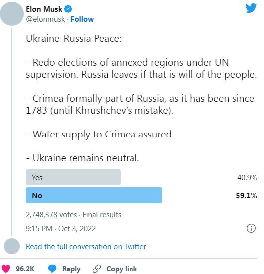 Провести повторные выборы в аннексированных регионах под наблюдением ООН. Россия уходит, если такова воля народа, - таково предложение Маска.