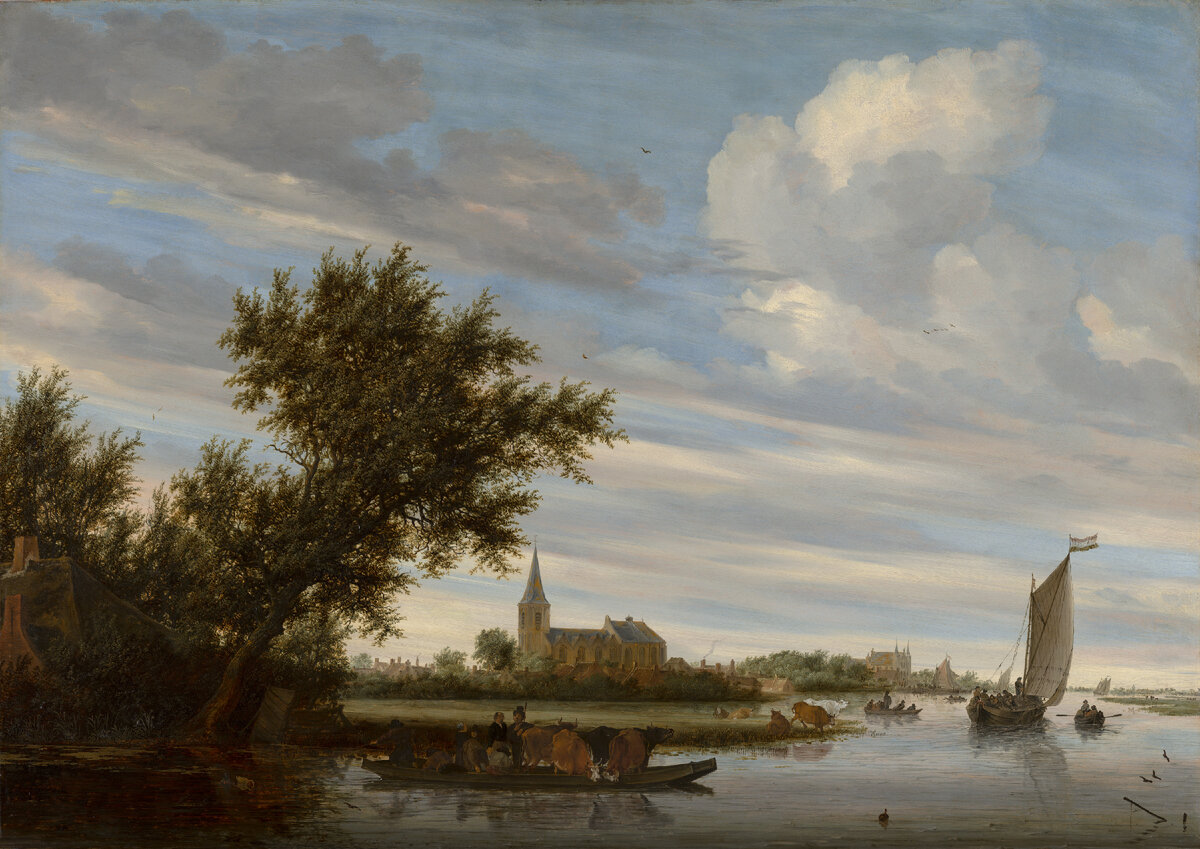 Саломон ван Рейсдал "Вид на реку с церковью и паромом", 1649 г, Маурицхейс. Рейсдал не изображал реальный пейзаж - церковь и замок плоды его воображения, однако вид на реку соответствует голландской действительности