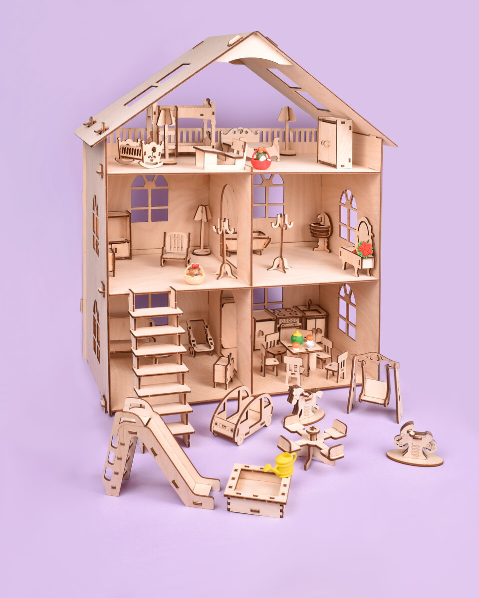 Трехэтажный домик с набором мебели (50 шт) - код товара на Wildberreis 15740434, Ozon - 200592210