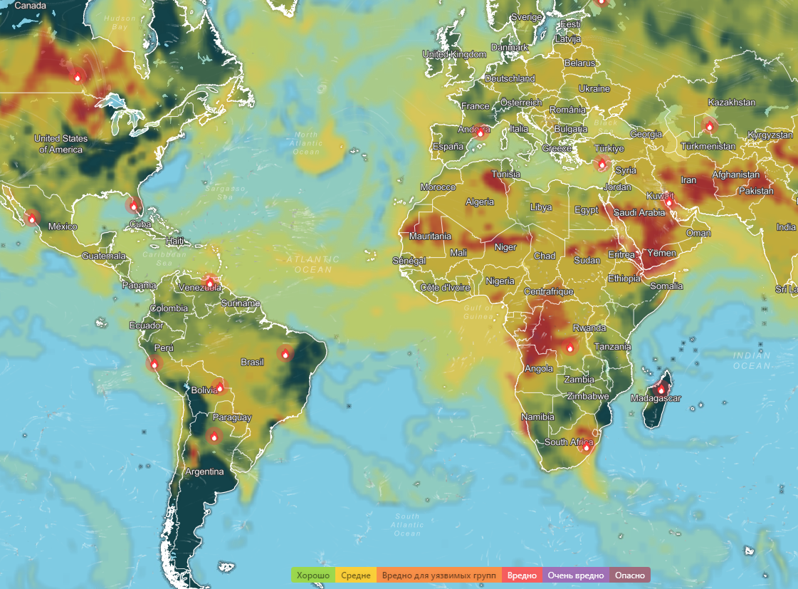 Карта чистоты воздуха в мире