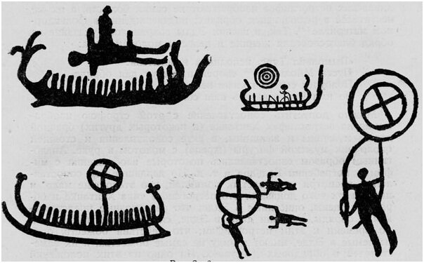 Крест - звезда в небе. Справа человек захваченный тяготением звезды. Прорисовка наскального рисунка. Скандинавия.