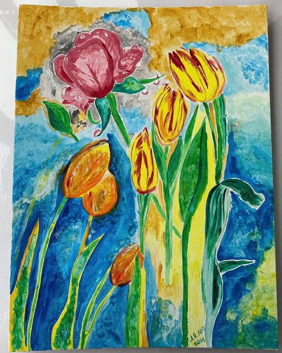 Картина."Цветы".Холст,кисть.Painting"Flowers".Tulips,rose.Author M Guzel M.April,2021.