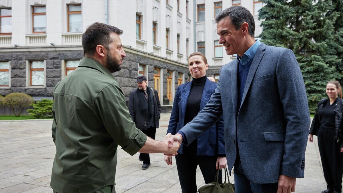    Президент Украины Владимир Зеленский и премьер-министр Испании Педро Санчес во время встречи в Киеве, Украина© AP Photo / Ukrainian Presidential Press Office