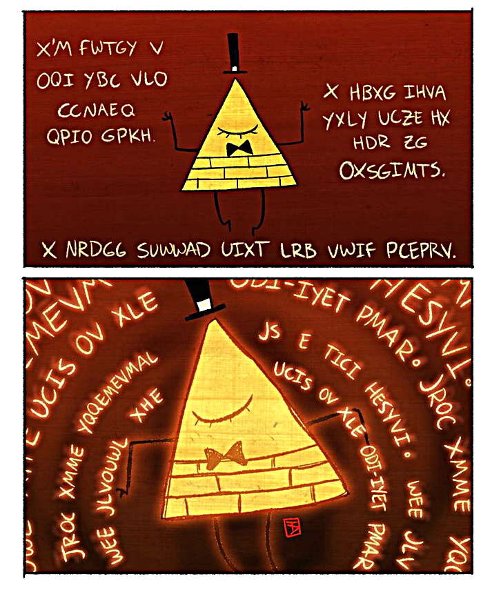 Перевод слов Билла от Лорда Казуто. Верхний кадр: "Мне так жаль, что втянул вас в это. Я должен всё исправить. Надеюсь, это искупит мои грехи". Нижний кадр: "Пусть воскреснут тела, отдам им второе я. Пусть мой глаз ответит на их путь. Отпусти и забудь эту грусть. Во веки веков."