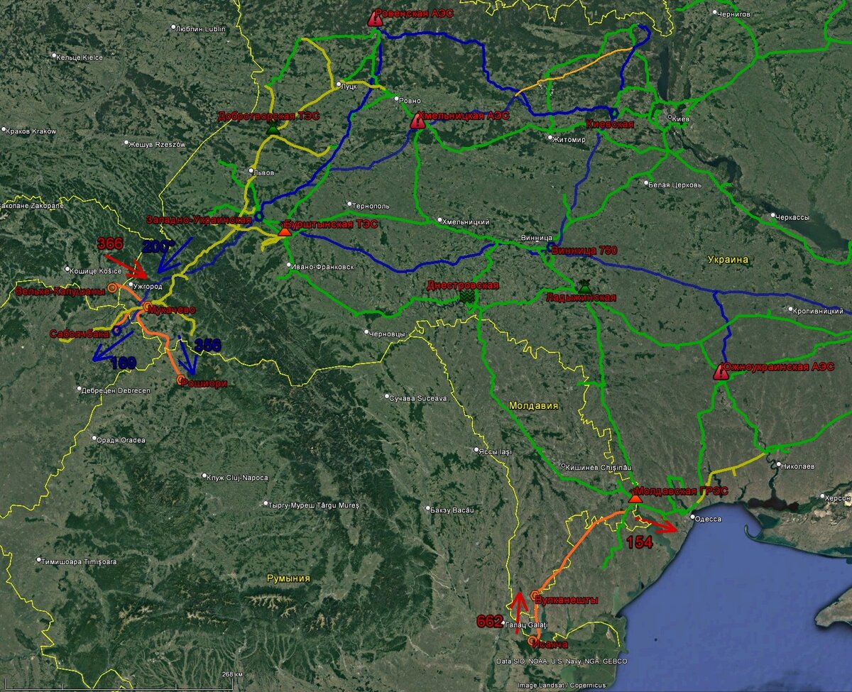 Трансграничные перетоки 15:00-16:00 (синие – с Украины, красные – на Украину)