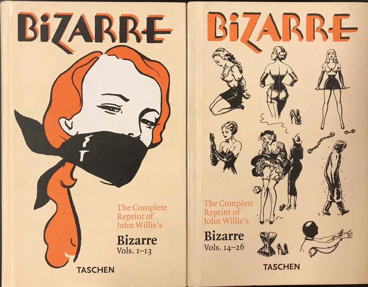 С 1946 по 1956 выходил журнал Bizzare, иллюстрации к котому делал художник Джон Вилли. Собственно, все атрибуты доминатрикс перед нами: это корсеты, бандажи, высокие каблуки, латекс. 