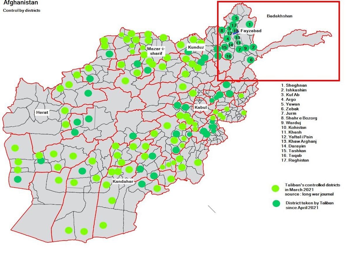 Карта, составленная CIG/Telegram/Counter-Intelligence ( t.me/CIG  telegram), на которой показаны недавние наступления Талибана и захваченные районы Афганистана, по состоянию на 5 июля 2021 г.