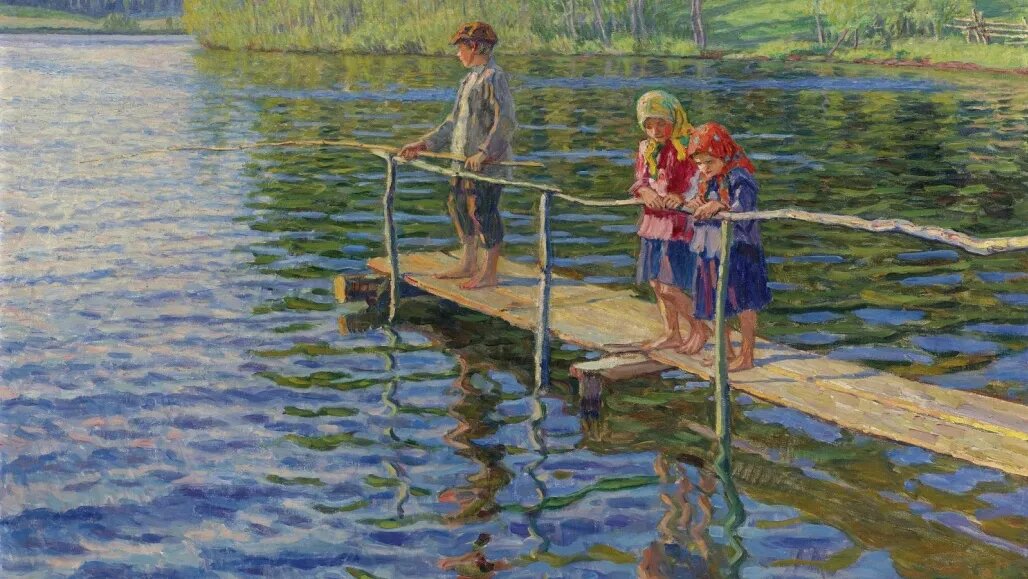 НИКОЛАЙ БОГДАНОВ-БЕЛЬСКИЙ. РЫБАЛКА НА РЕКЕ (ФРАГМЕНТ). НАЧАЛО XX ВЕКА. ЧАСТНОЕ СОБРАНИЕ