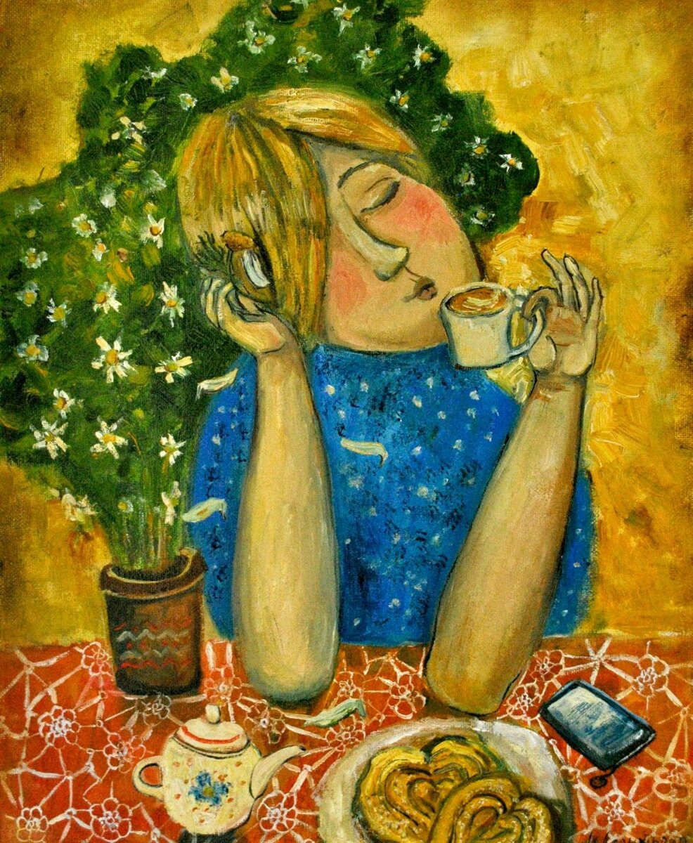 1. Наталья Леонтьева. Картина маслом "Ромашковый чай". Материалы:  холст на картоне, масло. Размер:  30 на 40 см. Иллюстрация со страницы Натальи Леонтьевой: livemaster.ru/solnechnijgorod