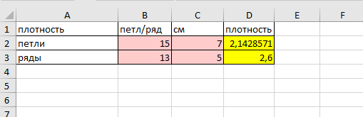 Здесь самые простые формулы. Делим петли и ряды на сантиметры =B2/C2