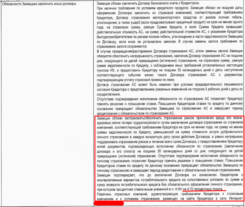 В этом договоре достаточно прозрачно написано, что в случае от отказа страховать здоровье, ставка по кредиту может возрасти на 4,7 пункта