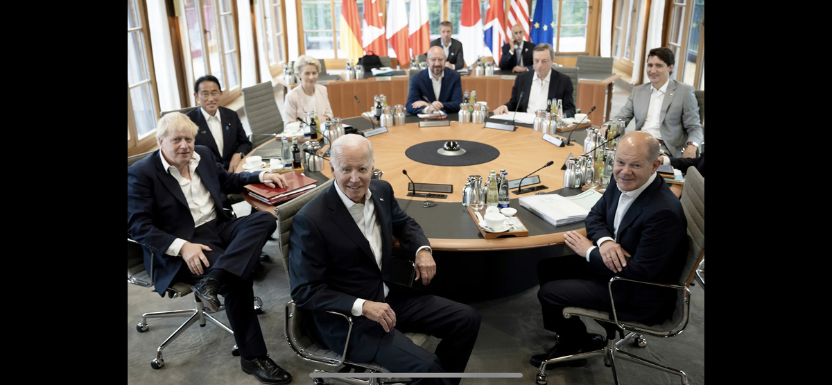 President Biden and world leaders from Germany, Canada, Italy, Japan and Britain, as well as European Council and European Commission heads, attend a working session during the G-7 leaders summit.
Brendan Smialowski/Pool Photo via AP