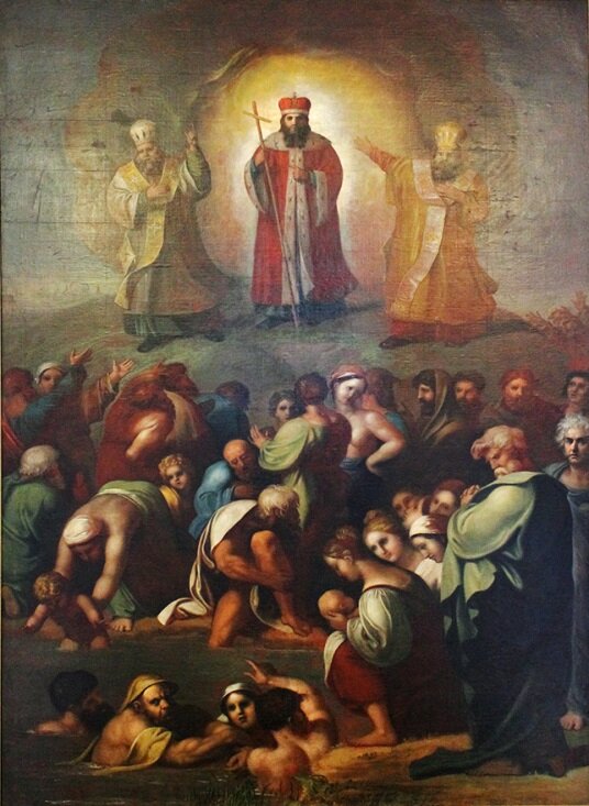 Сальватор Тончи «Крещение Владимира». Примечательно что Владимир и попы рядом похожи своим одеянием на типичное русское-барское и священническое одеяние средних веков. 