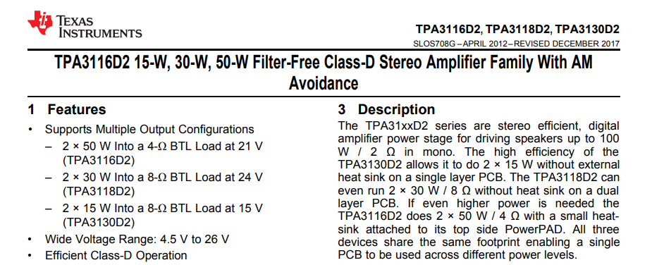Первая страница даташита TPA3116D2