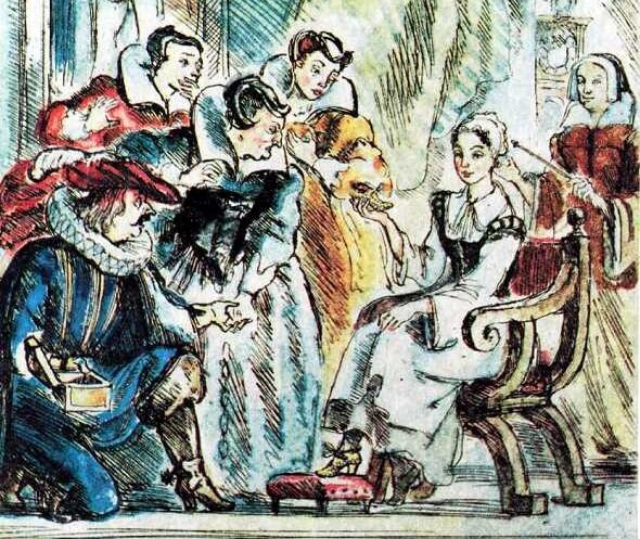 Примерка туфельки. Иллюстрация к сказке "Золушка". Художник А.Д. Рейпольский