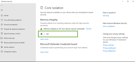    Отключение функции «Целостность памяти». Источник изображения: Microsoft