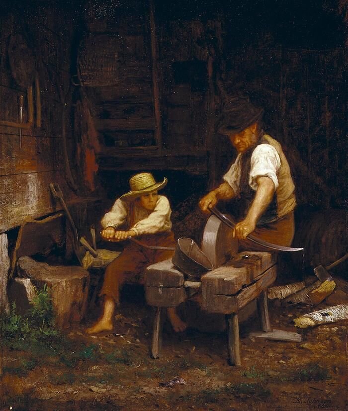 Заточка косы на мокром точиле "США). Вытачивается лезвие скандинавского типа, получившее широкое распространение в американских Штатах.