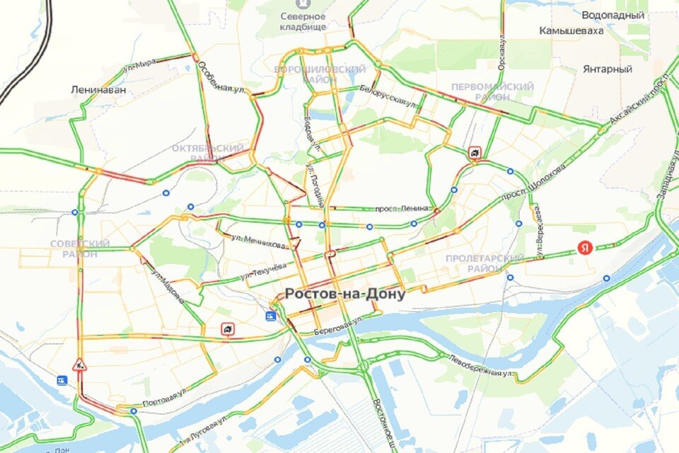     Ростовские автомобилисты простаивают в восьмибалльных пробках.  Яндекс.Карты