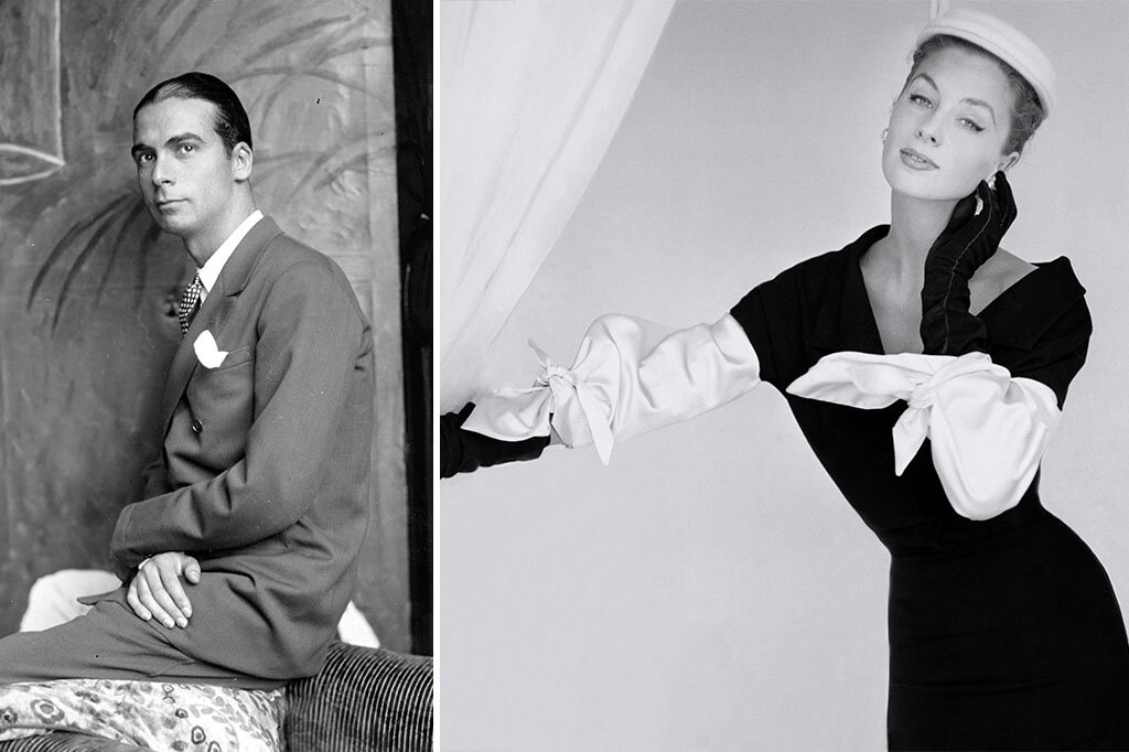 Справа: Испанский кутюрье Кристобаль Баленсиага на фотографии 1927 года. Слево: Одно из его творений, появившееся в Vogue 1957 года.