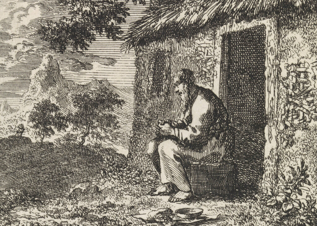 Отшельник у входа в дом. Офорт Яна Лёйкена, 1711.