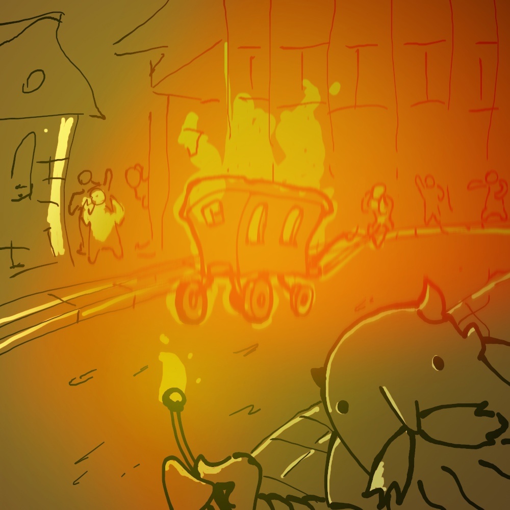 Скорая зарисовка горящей повозки нашим мастером гравюрных дел.