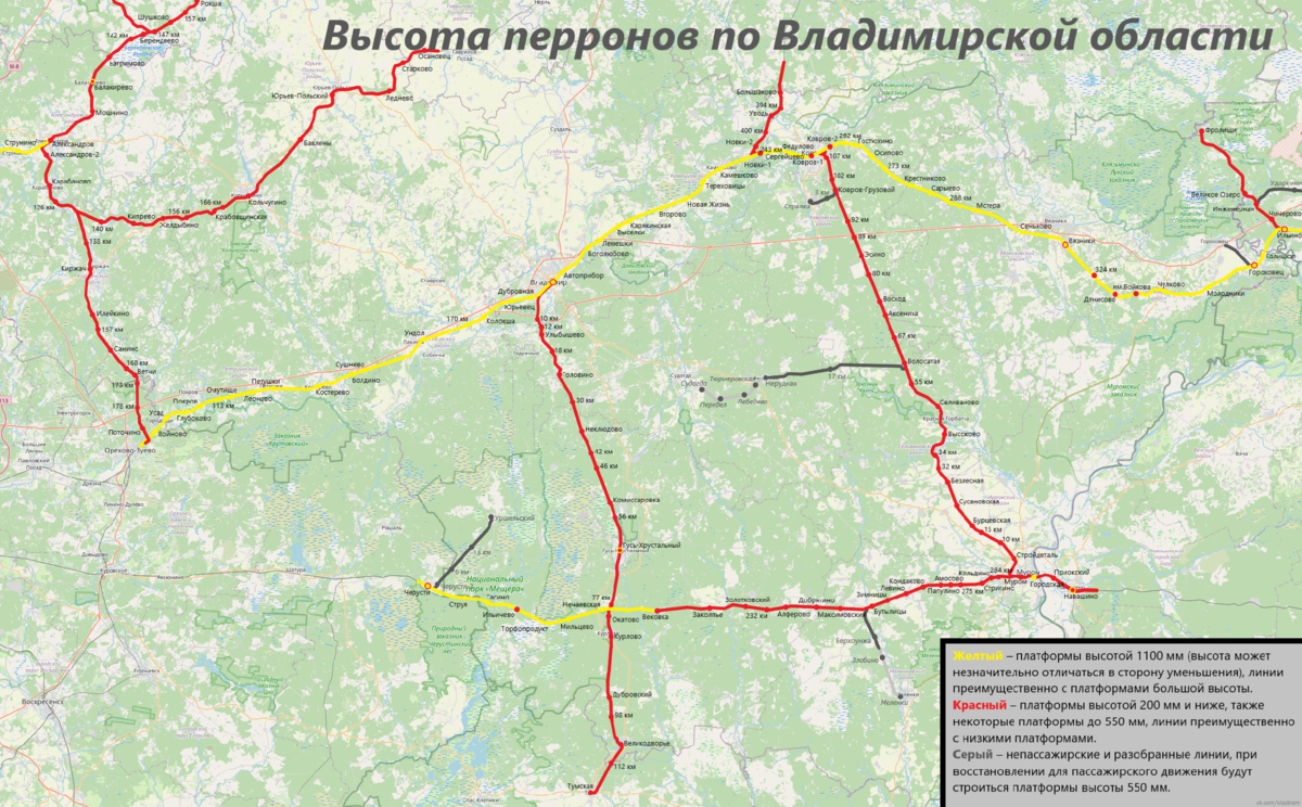 На схеме все понятно. Желтый – высокие платформы и участки с ними, красный – низкие, красно-желтый – станции с обоими типами платформ.