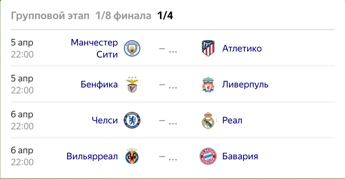 Сетка 1/4 финала Лиги чемпионов УЕФА