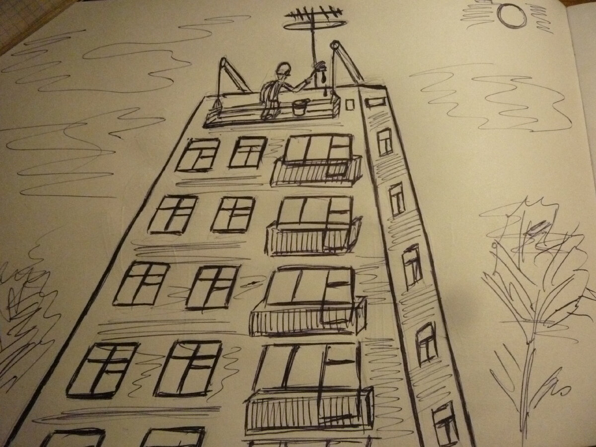 Маляр висит на огромной высоте и не боится. Рисунок автора