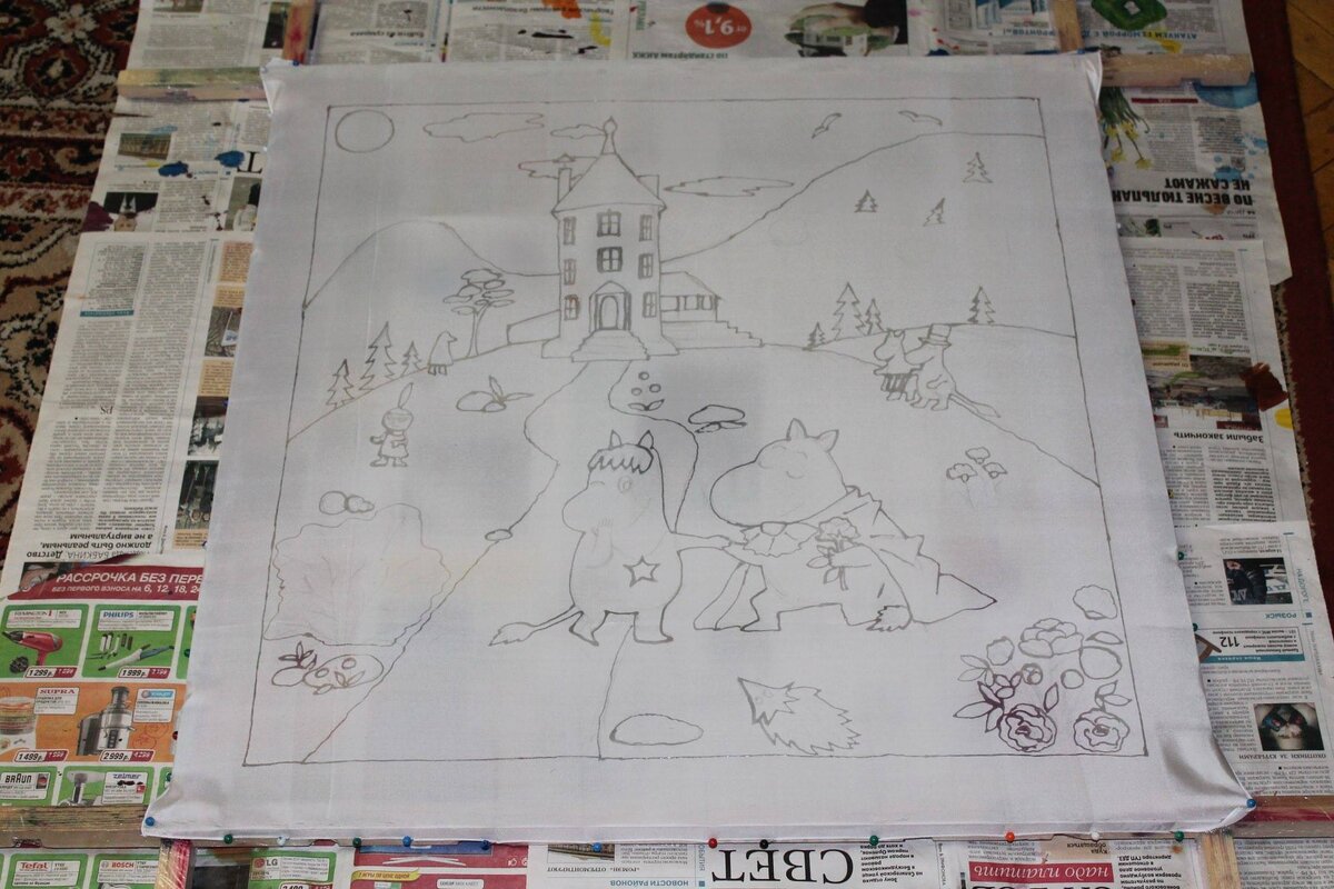 Процесс создания платочка с муми-троллями