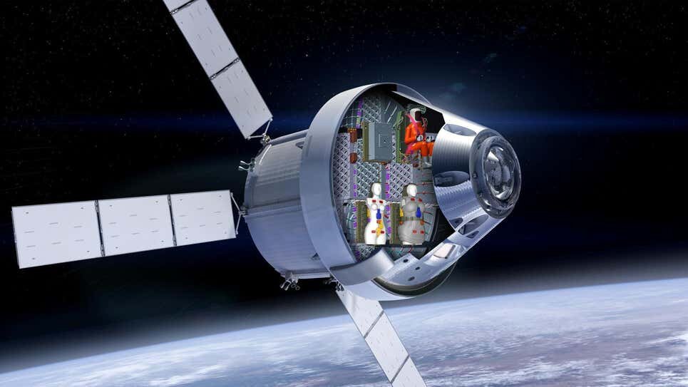 Иллюстрация НАСА (Локхид Мартин) с двумя испытательными женскими манекенами на борту корабля-капсулы "Орион", направляемой к Луне. На рисунке, кстати, не два, как было заявлено, а три манекена с, включая фигуру командира корабля. И это говорит о неготовности Артемиды, уже ржавеющей на стартовом столе.