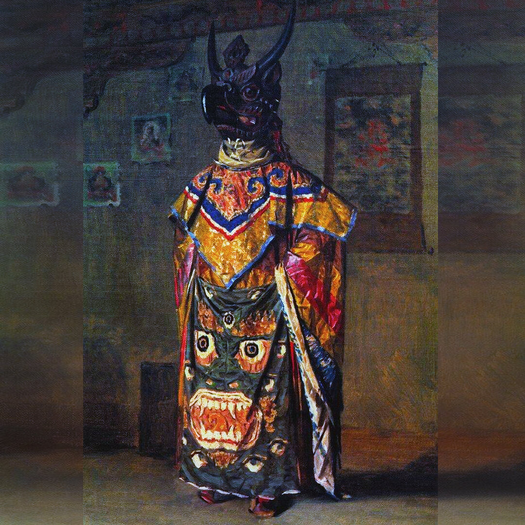 «Путешествие по Индии» русского художника Василия Верещагина. Эскизы с портретами лам. Буддиский лама на празднике в монастыре Пемиончи. Сикким, 1875 г.