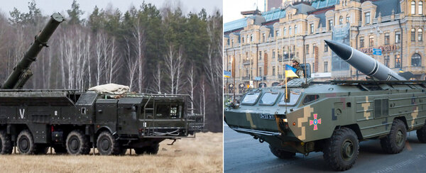 Внешние отличия оперативно-тактических комплексов "Искандер-К" (слева) и "Точка-У" (справа). Фото © VoidWanderer, © ТАСС / Пресс-служба Минобороны РФ
