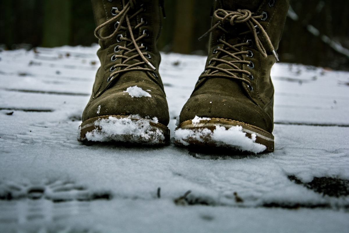 Зимняя обувь. Ботинки на зиму. Заснеженные ботинки. Ботинки в снегу.