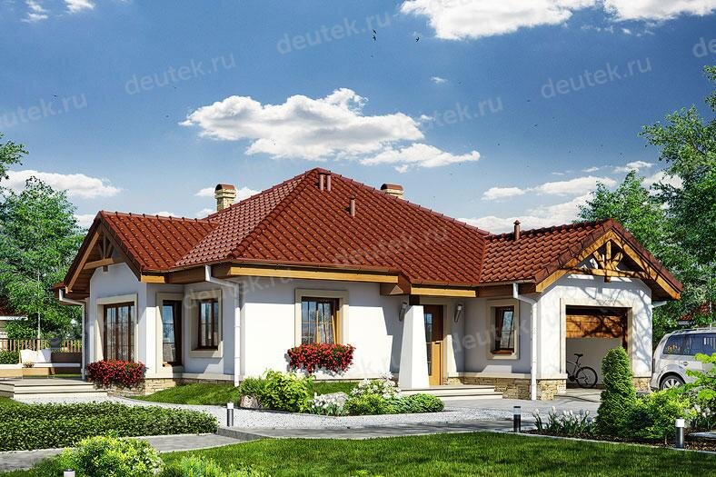 Проект одноэтажного дома 132 м2 из керамоблоков с одноместным гаражом и террасой - DTV100206