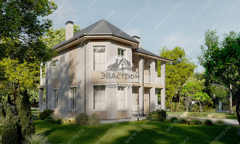 Проект двухэтажного дома 307 м2 с чердаком, балконом, эркером и террасой - SRK-83