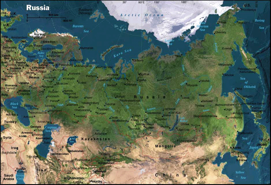 Карта россии географическая на английском