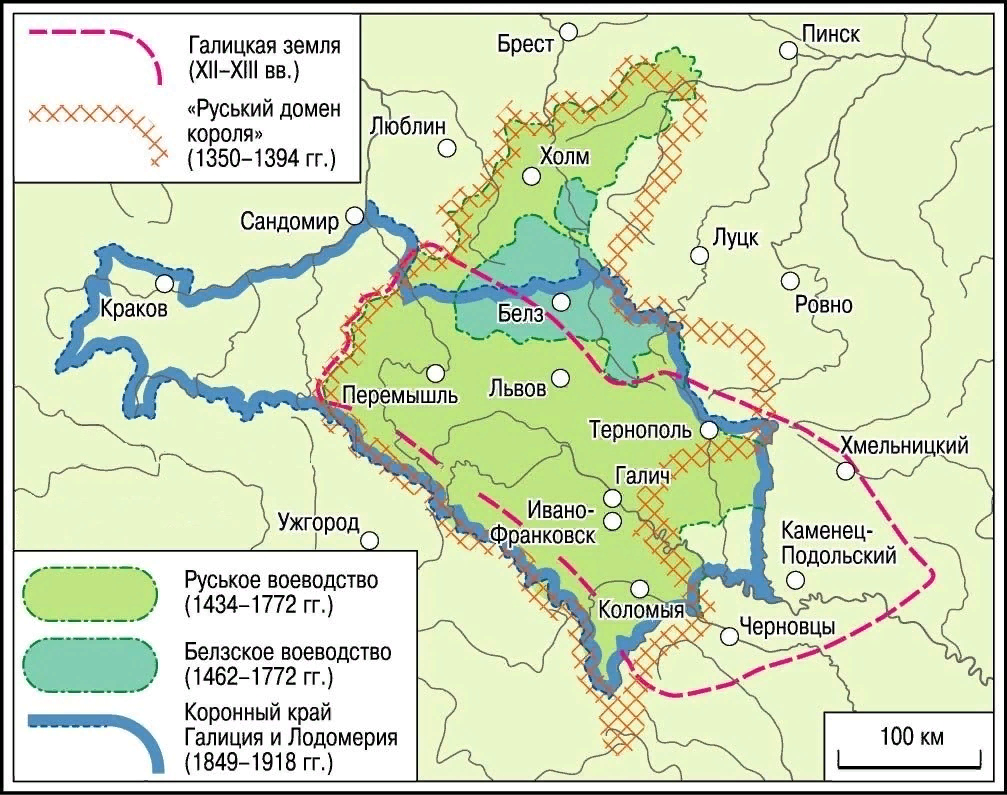 Карта Галиции. Взята из интернета. 
Так называемая Галичина включает в себя Ивано-Франковскую, Львовскую, большую часть Тернопольской областей, а также юг Подкарпатского воеводства Польши (Перемышльская земля). Столица бывшего княжества была сначала в Галиче, позднее – во Львове (Лемберге).
С середины XX в. Галичина печально известна как вотчина украинских фашистов бандеровского толка. В последние десятилетия бандеровцы сумели навязать свою человеконенавистническую идеологию всей большой Украине. Крым и Донбасс в открытом противостоянии бандеровским властям Украины смогли отпочковаться от обезумевшей страны, предавшей Победу своих дедов в Великой Отечественной войне.