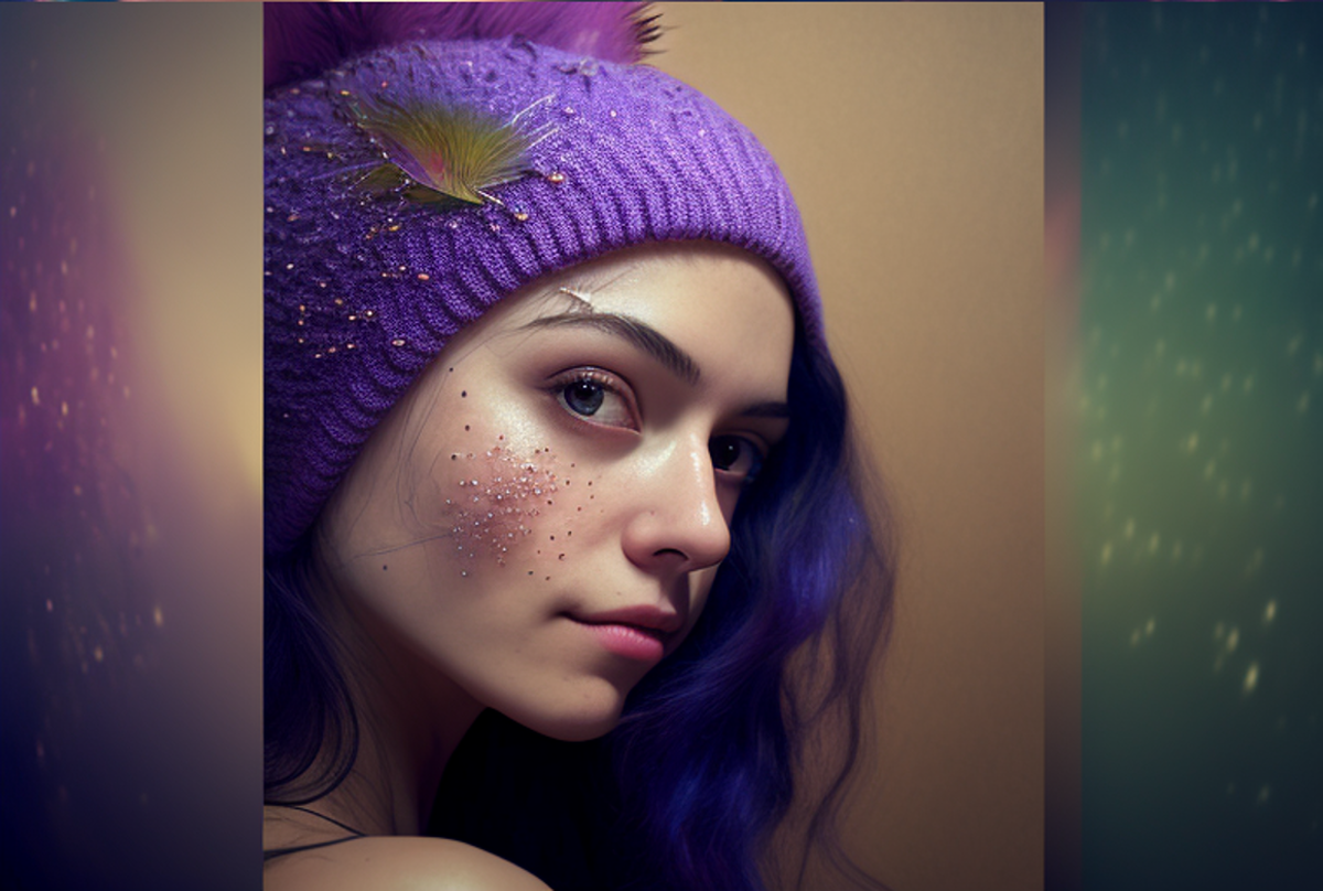 Вязаная шапка с простым узором, усыпанная мелкими стразами с пушистым помпоном на макушке и маленьким контрастным меховым пером сбоку шапочки.