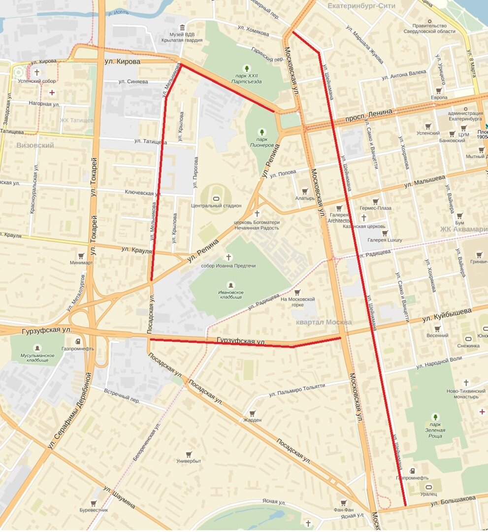 Шейнкмана - Верх-Исетский бульвар - Мельникова - Гурзуфская (Екатеринбург) © Яндекс