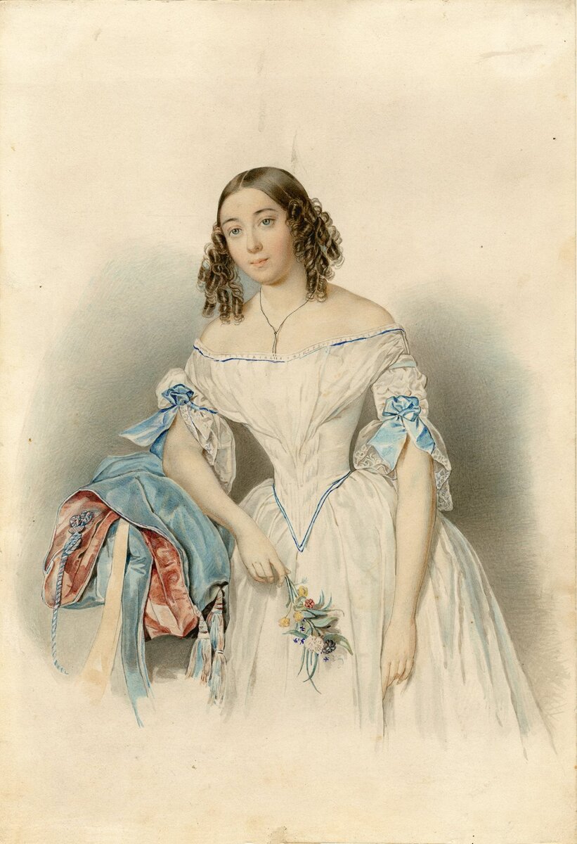 Неизвестный художник. Портрет Э. К. Мусиной-Пушкиной. Бумага, акварель. 1845-1846. Ярославский художественный музей
