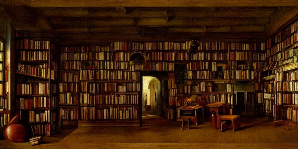 Фотография от нейросети ruDALL-E по запросу: «Полки с интересными книгами в стиле Классицизма».