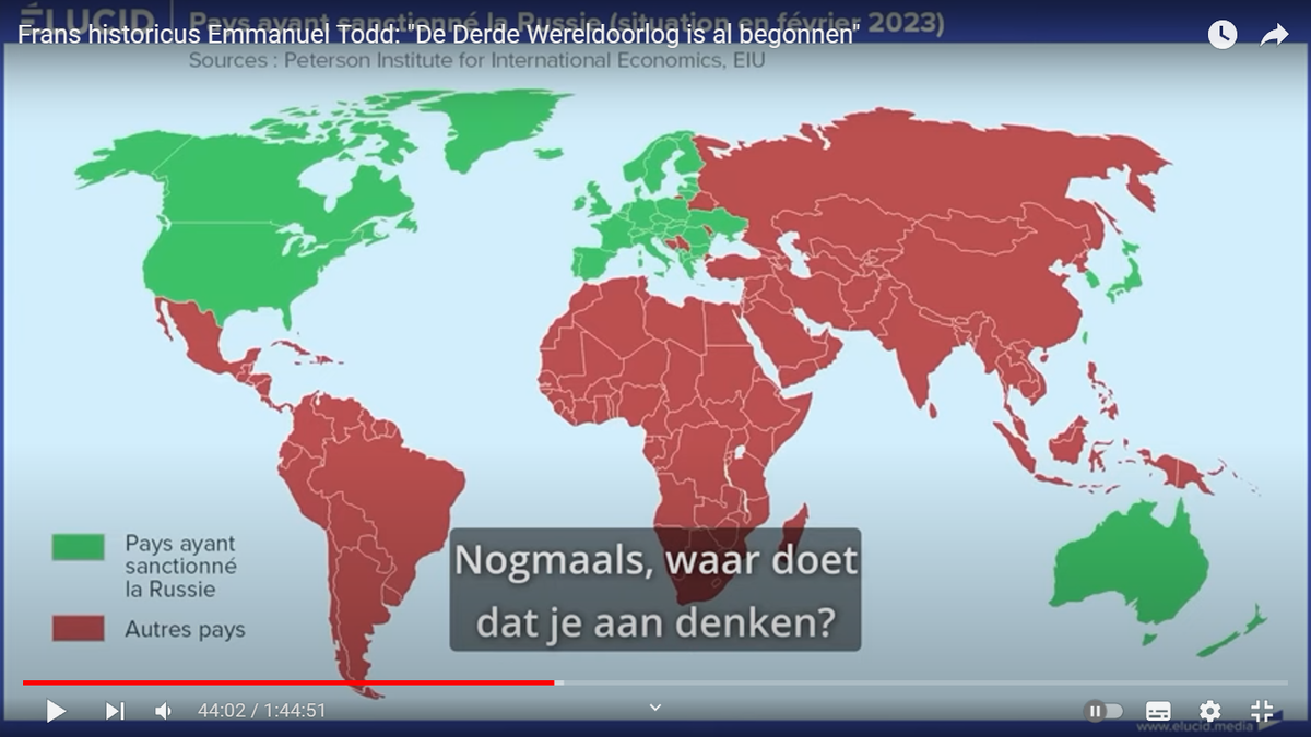 Разделение мира по отношению стран к санкциям (красны отмечены страны не присоединившиеся к санкциям против России. Слайд из интервью Тодда Оливье Берюе (канал в YouTube DeWereldMorgen .be)