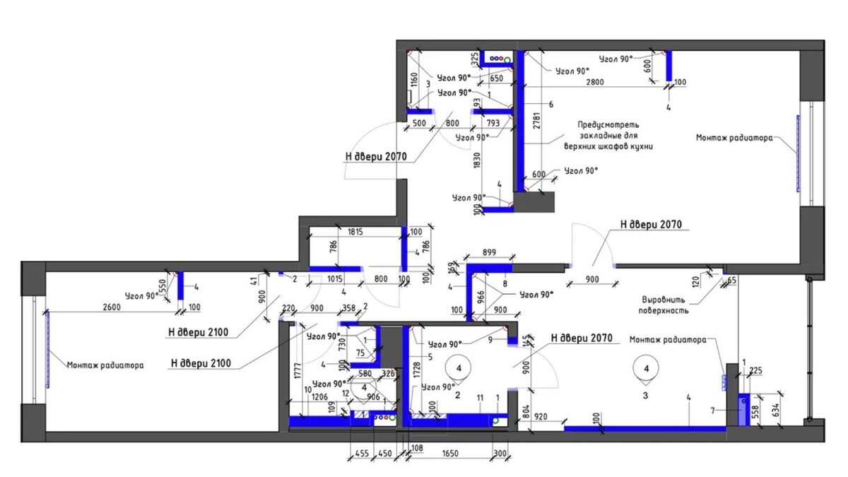Изначальный план квартиры, на котором синим отмечен монтаж новых стен