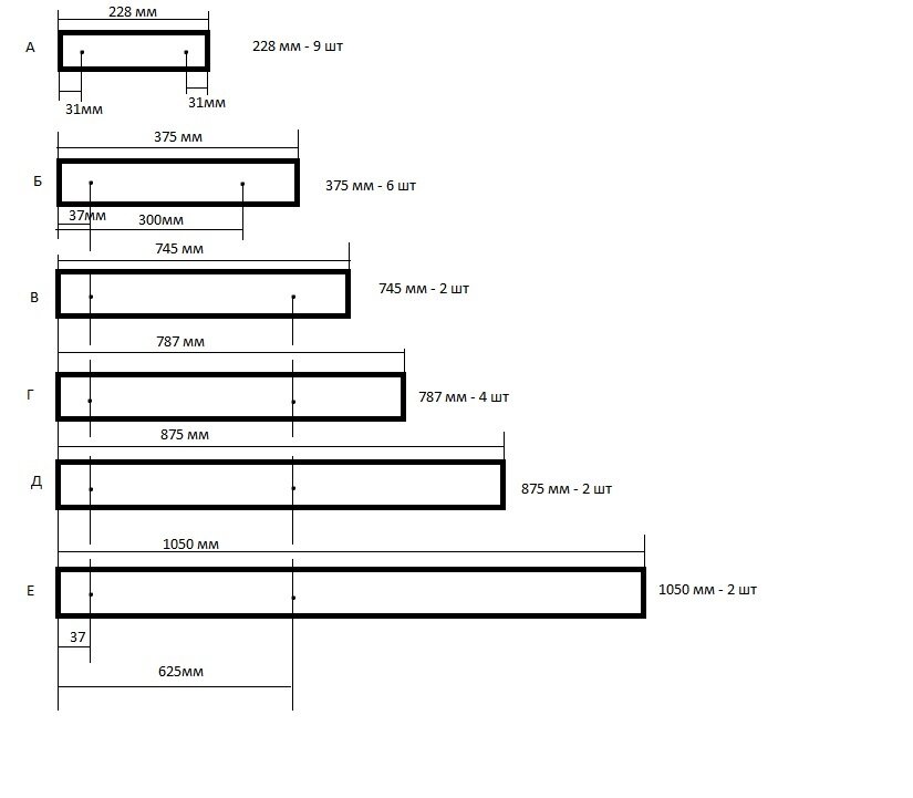 Заготовки для шезлонга Кентукки  ( обратите внимание, на деталях В, Г, Д, Е первое отверстие на расстоянии 37 мм, второе 625 мм. Отверстия для шпилек делаем на 2мм больше, т.е. если шпилька М8, то сверло берем на 10.)