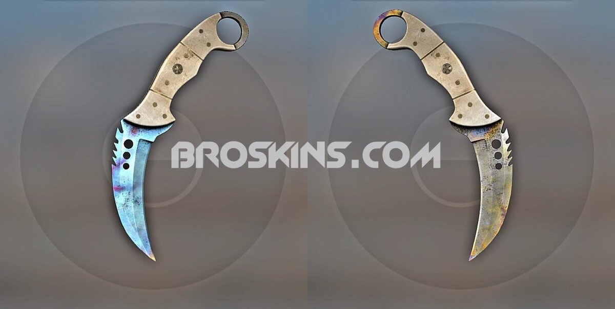 Talon Knife Case Hardened Seed 3 имеет красочный узор с фиолетовыми оттенками на полностью синей игровой стороне, а задняя сторона почти полностью золотая с крошечной синей областью рядом с рукоятью ножа.