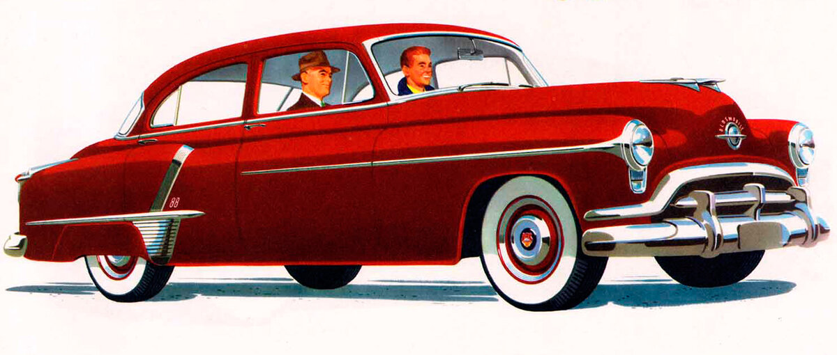 Седан Oldsmobile Super 88, рисунок из рекламного буклета 1952 г. © GM, источник: http://www.oldcarbrochures.com/static/NA/Oldsmobile/1952%20Oldsmobile/1952%20Oldsmobile%20Full%20Line%20Brochure/index1.html