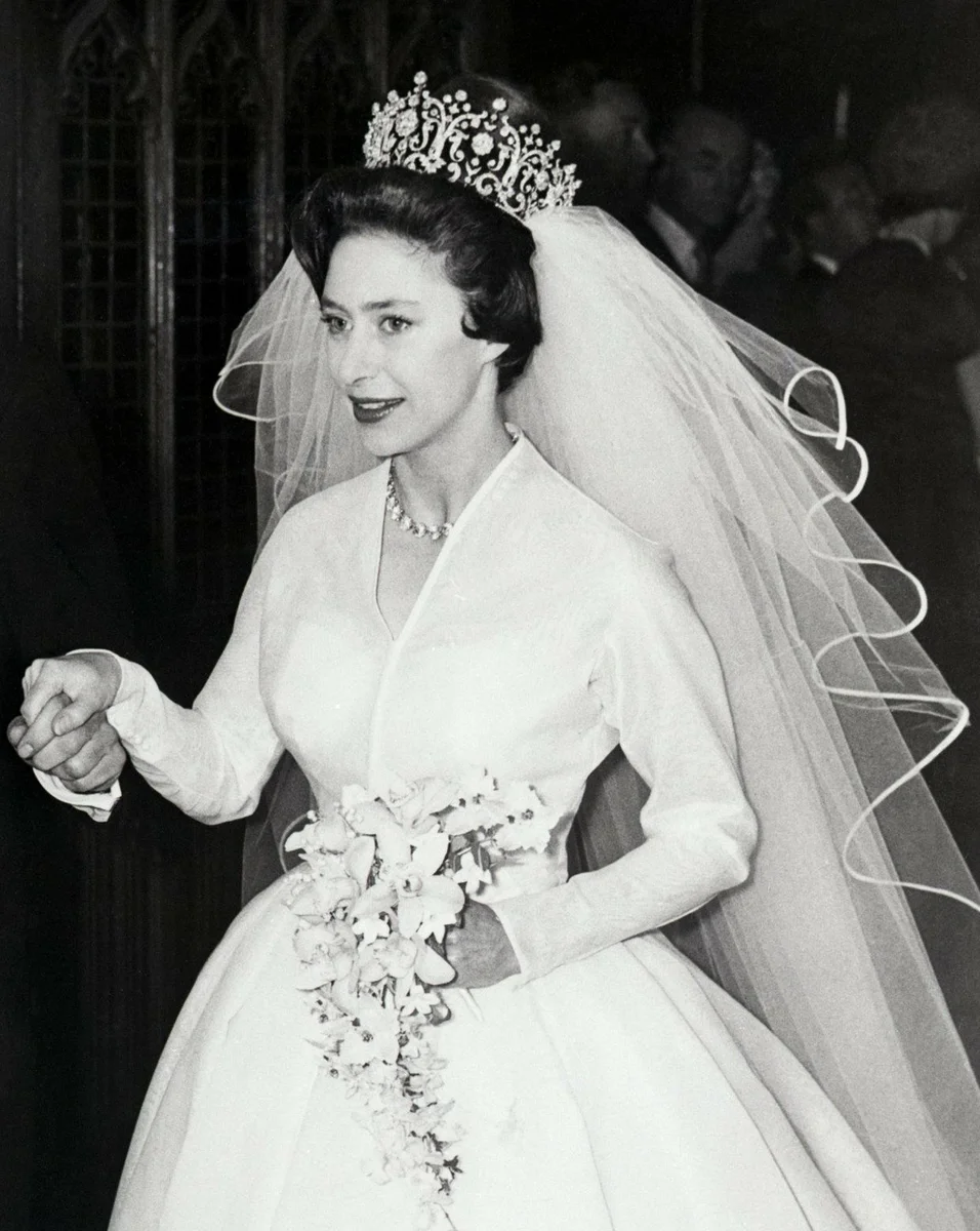 принцесса Маргарет в тиаре леди Полтимор в день свадьбы, 6 мая 1960 года