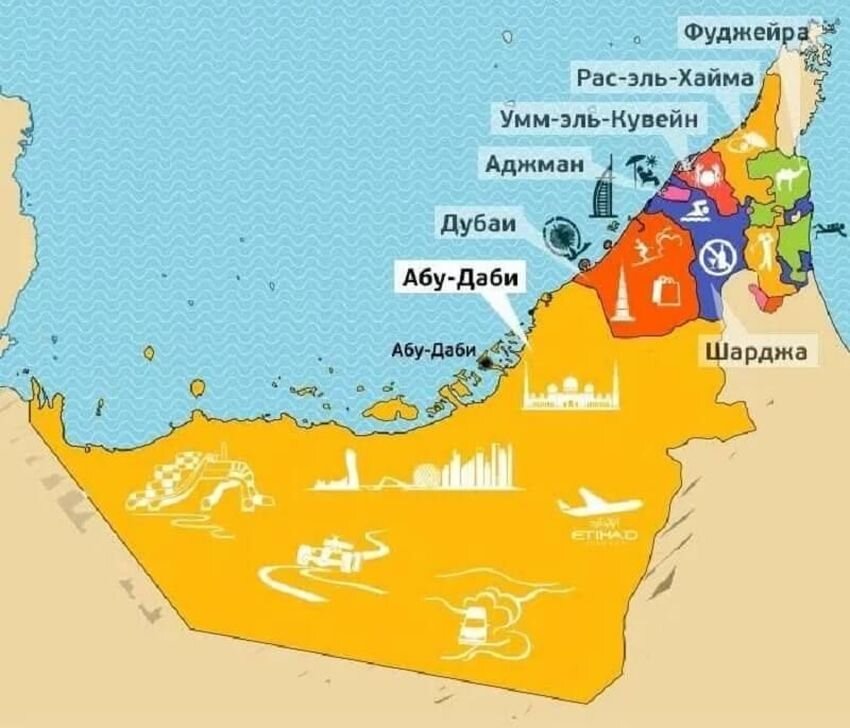 7 эмиратов Страна состоит из семи эмиратов, семи частей одного целого, таких разных и таких похожих одновременно. Абу-Даби, Дубай, Шарджа, Аджман, Фуджейра, Рас-эль-Хайма, Умм-Аль-Кувейн.